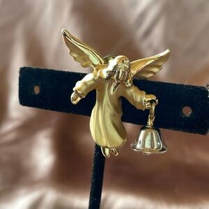 Vintage Louis Giusti “Gigi” Angelica Angel with Bell Brushed Gold Pin or Brooch